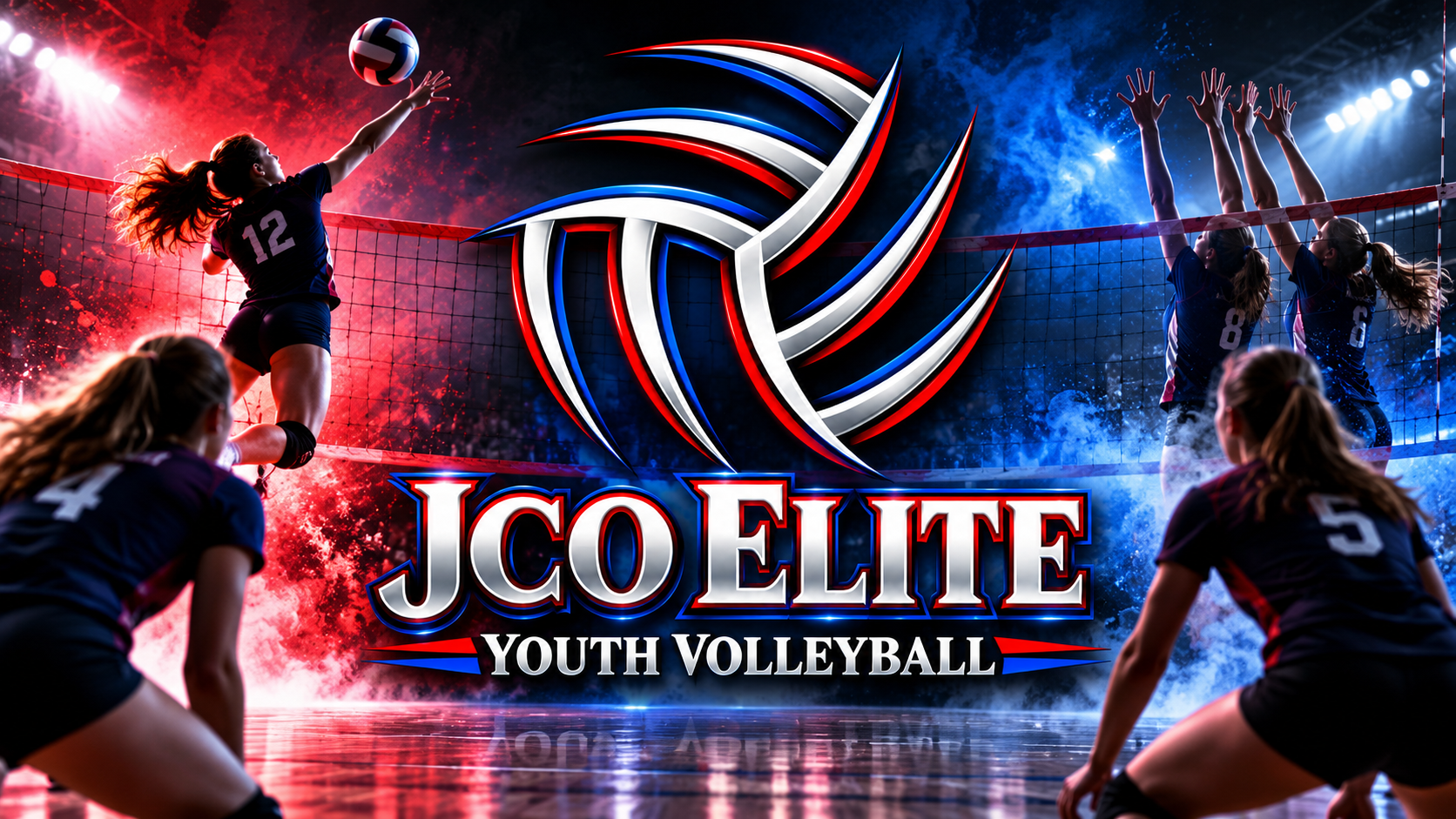 JCO Elite Youth Volleyball players at the net